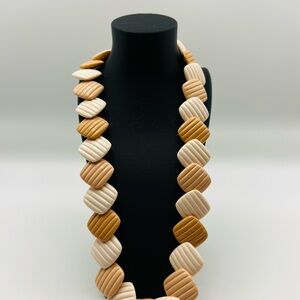 Vintage Chunky Mod Geometric Necklace Beige Tan Plastic Beads 18”